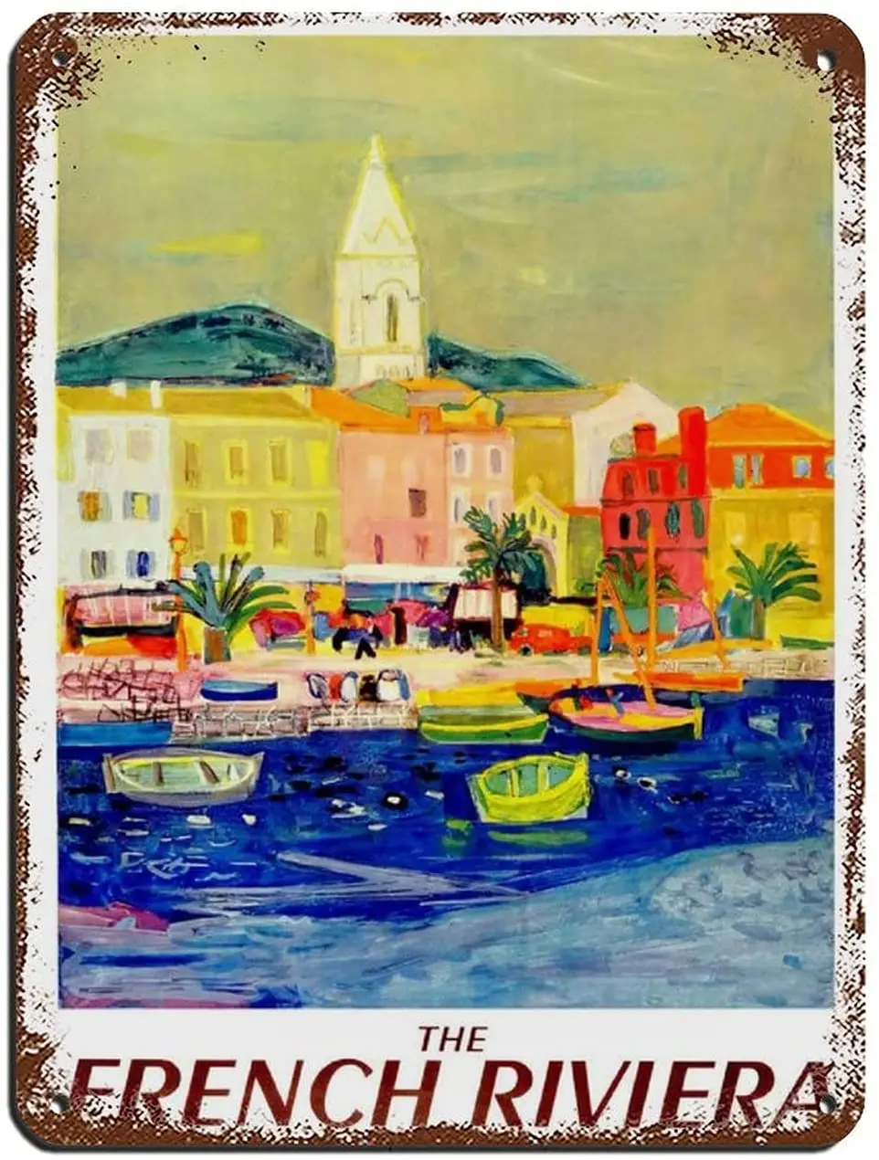 

French Riviera Travel Poster Tin Sign Vintage Metal Pub Club Cafe bar Home Wall Art Decoration Poster Retro 12×16inch