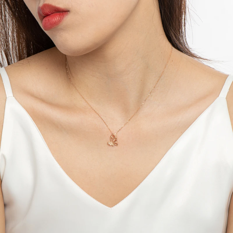 

AINUOSHI Hard Gold Craft 18K Rose Gold 0.03ct Real Diamond Butterfly Pendant Necklace for Women Charm Jewelry 18''