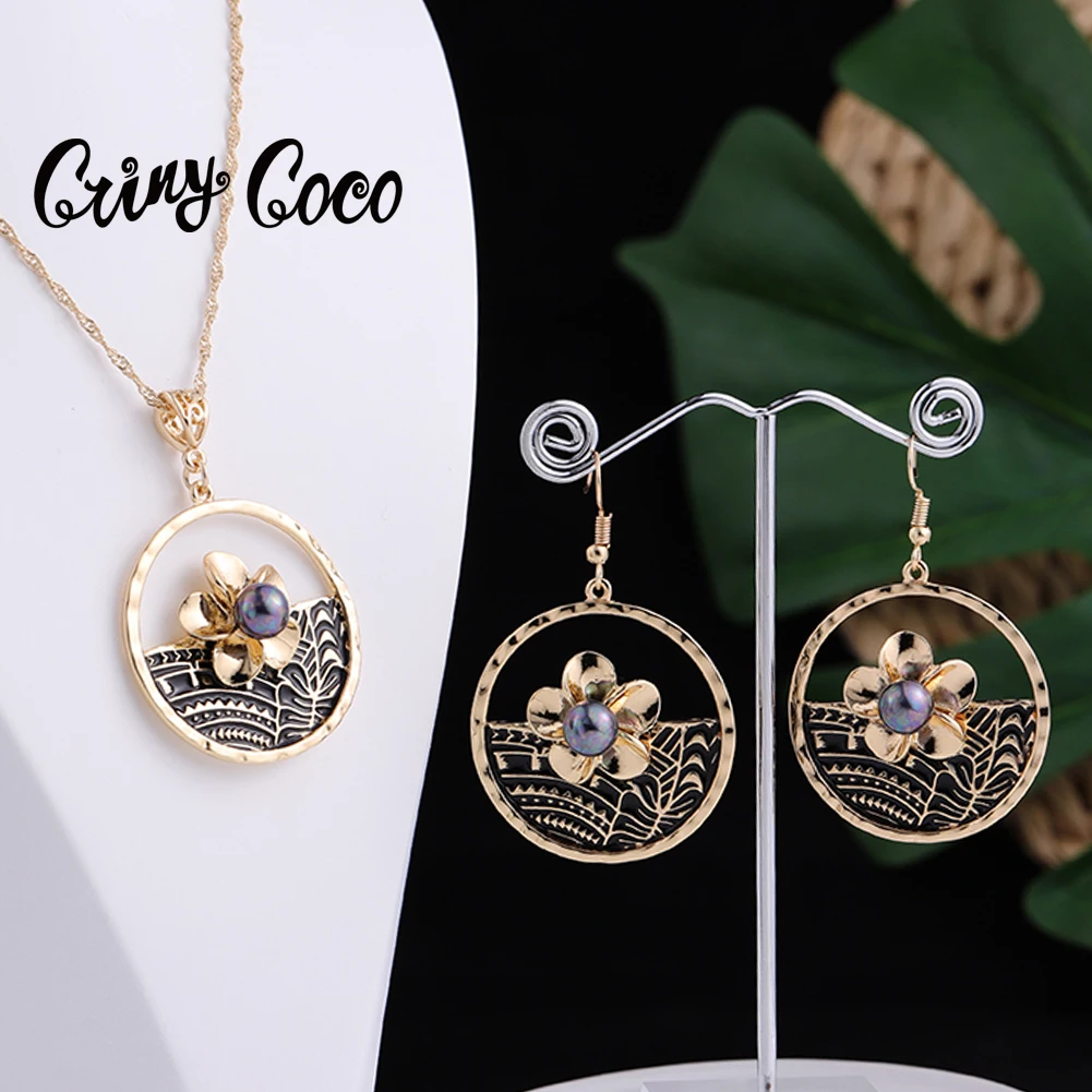

Cring Coco Hawaiian Jewelry Sets Vintage Ethnic Plumeria Flower Pendant Necklace New Zealand Drops Earrings Set for Women New