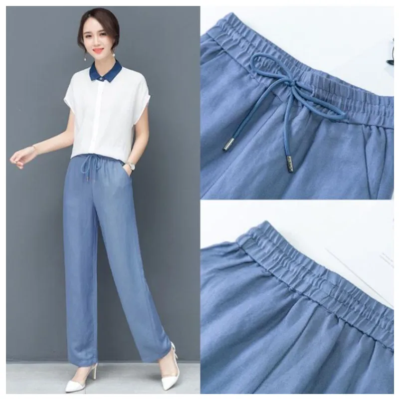 

Denim wide-leg pantsBandage Women Straight Pants Solid Elastic High Waist Slim Long Trousers 2021 Fashion Summer Streetwear Out