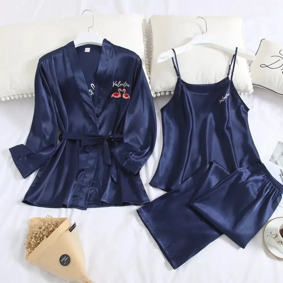 

Autumn 3 Pieces Pajamas For Women Sexy Flamingo Embroidery Strap Tops Sleep Home Suit Home Set Female Robe Ice Silk Sleepwear