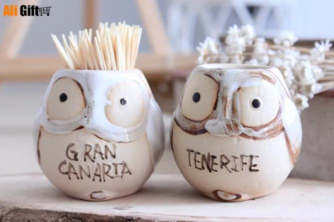 Винтажный керамический держатель для зубочистки с рисунком совы резервуар