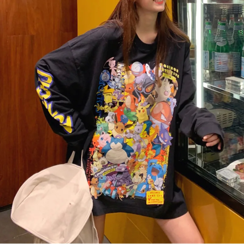 Harajuku Ulzzang, футболка большого размера с принтом Покемон, футболки с длинным рукавом, корейские женские футболки, осень, Женская Повседневная футболка с Пикачу, топы