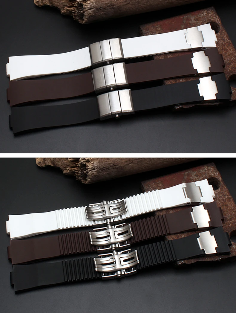 CARLYWET 25mm x 12mm(20mm buckle)Black Brown White Silicone Rubber Watch Band Strap Silver Buckle Clasp For Ulysse Nardin