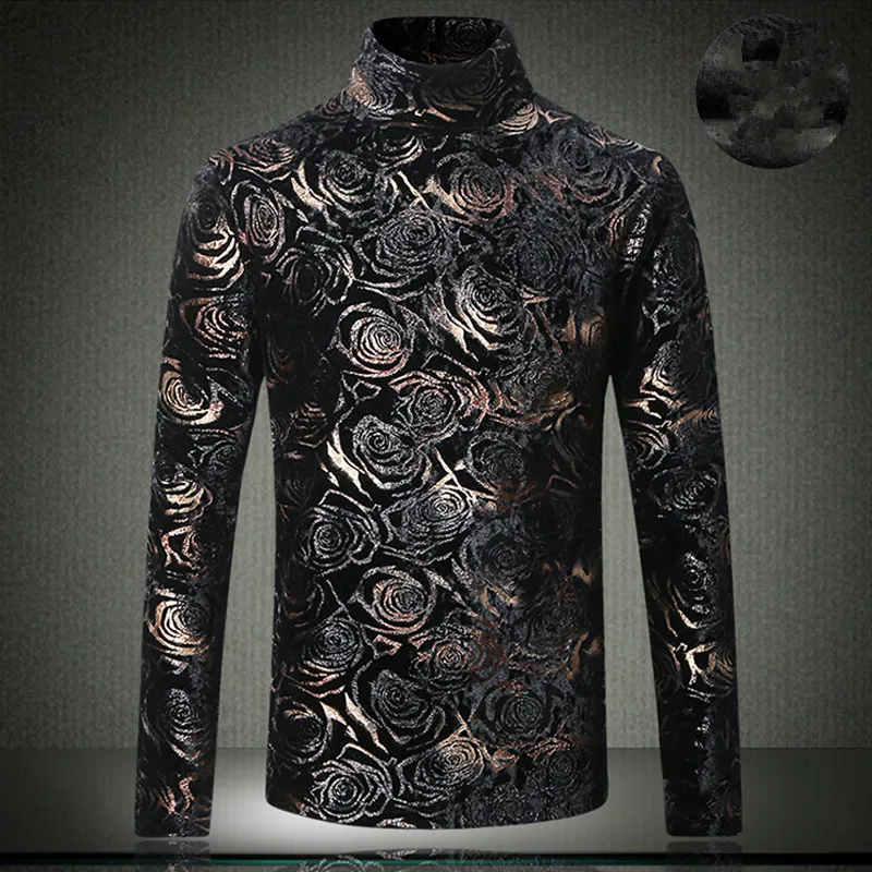 

2021 Autumn Winter Velvet Thicken Men T shirts 5XL Long Sleeve Floral Half Turtleneck Vintage Style Tees Plus Size XXXXXL #9912