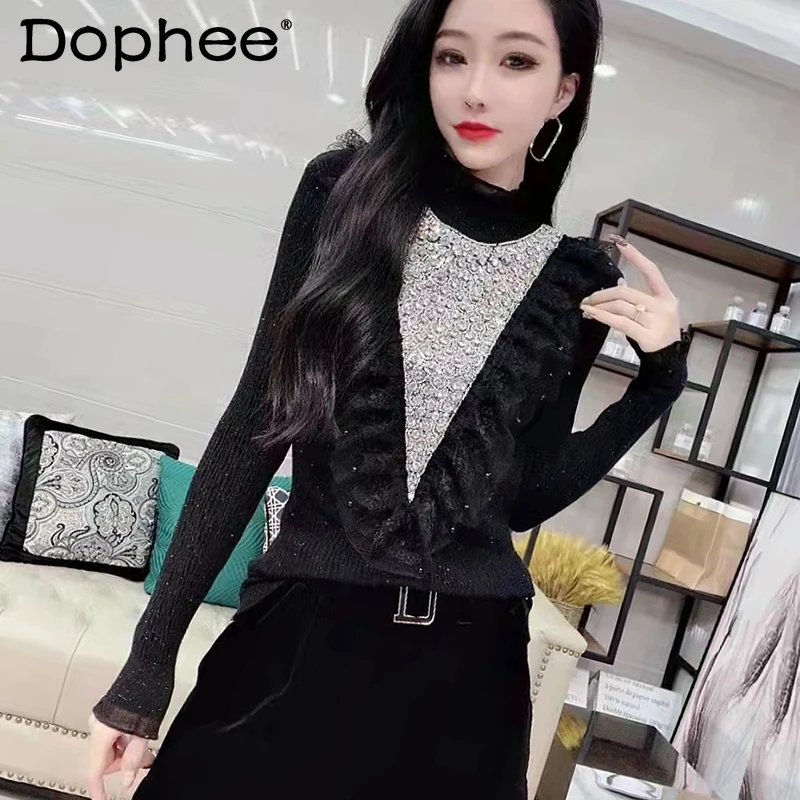 

Heavy Industry Beads Diamond Knitted Sweater for Women 2022 Spring Long Sleeve Lace Stringy Selvedge Slim Fit Patchwork Sweater