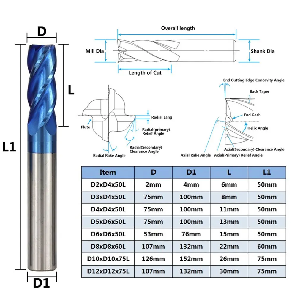 

8pcs 4 Blade 50 Degree Tungsten Steel blue plating Compact and portable Multiple sizes For Milling Machine