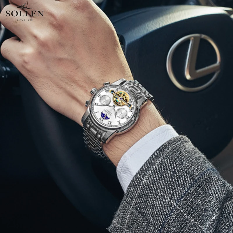 Роскошные мужские механические часы SOLLEN автоматические многофункциональные