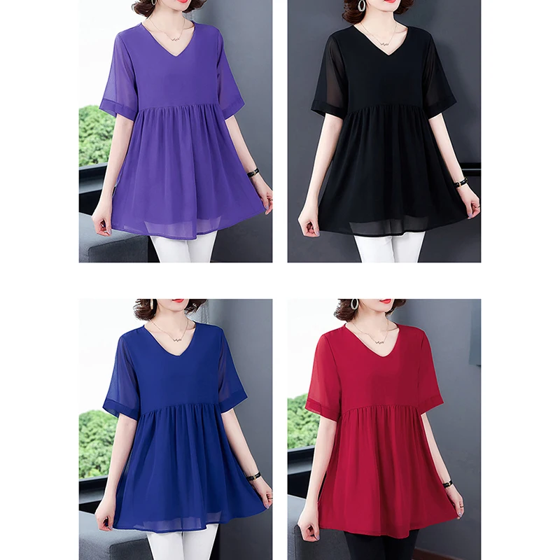 

Women Casual Solid Color Shirts New Short Sleeve Tops Loose Ladies Tops For Femme New Women Summer Clothing Plus Size