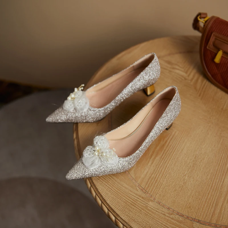 

2021 Spring pearl Decoration High Heels Pumps For Women Sweet Shallow Shoes Woman Shallow Wedding Party Women's Shoes