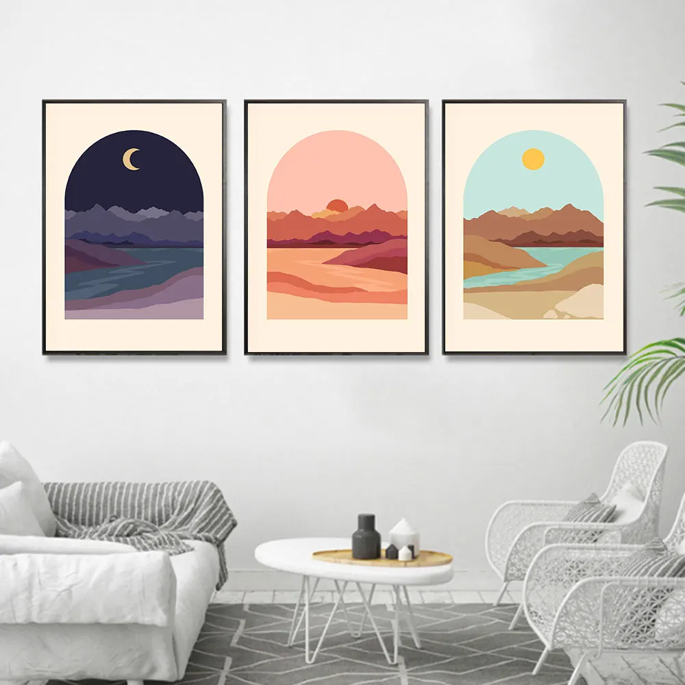 

Minimalist Desert Poster Sunrise Sunset Night Art Print Vintage Canvas Painting Modern Natural Wall Picture Living Room Decor