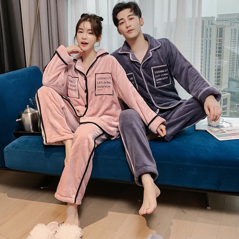 

Winter Couple Pajamas Set Cartoon 2PCS Sleepwear Flannel Loose Sleep Set Lovers Casual Pyjamas Suit Warm Thick Home Clothing