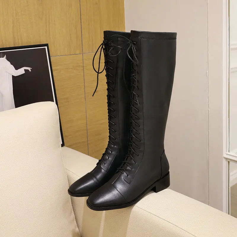 

Vintage microfiber Leather Thick low Heels boots Cross Tied knee High Boots lace up Square Toe Wedding Casual Shoes Woman