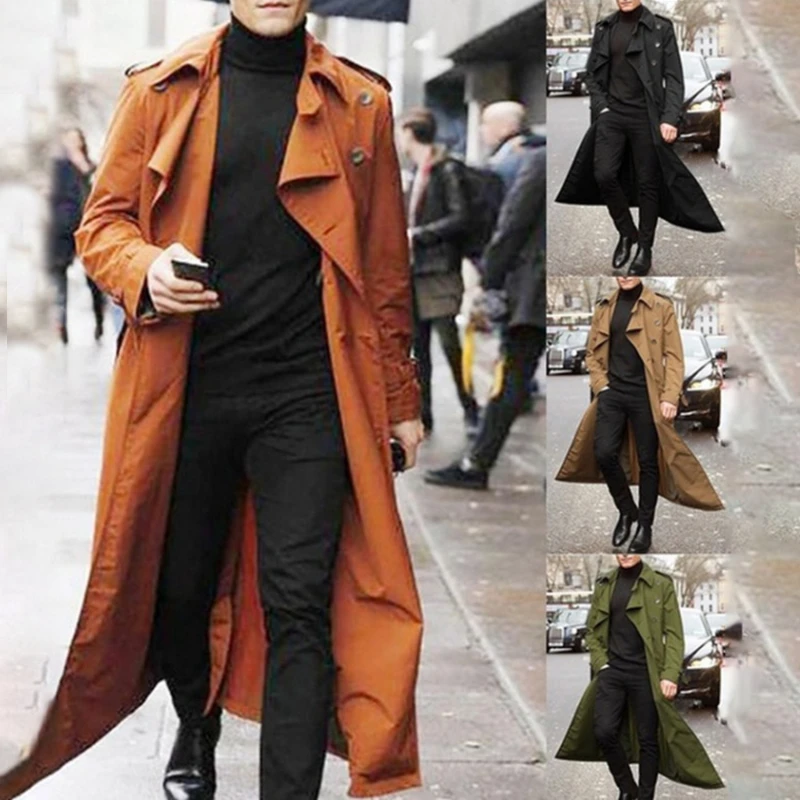 

Men Elegant Long Vintage Coat Windbreaker Solid Color Long Sleeve Chic Outerwear Mens Overcoat Autumn Winter 2022
