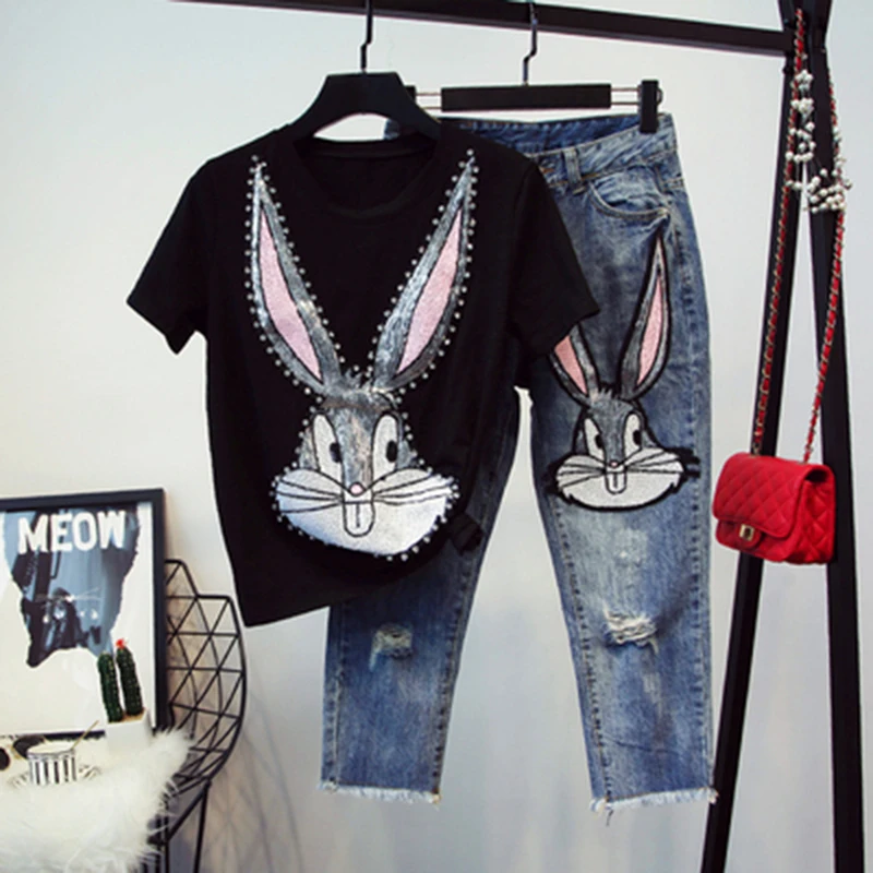 

Newest TOP QUALITY 2021 Stylish Runway Suit Set Women's Rabbit Sequined Short Sleeve T-shirt Denim Jeans Pants Set