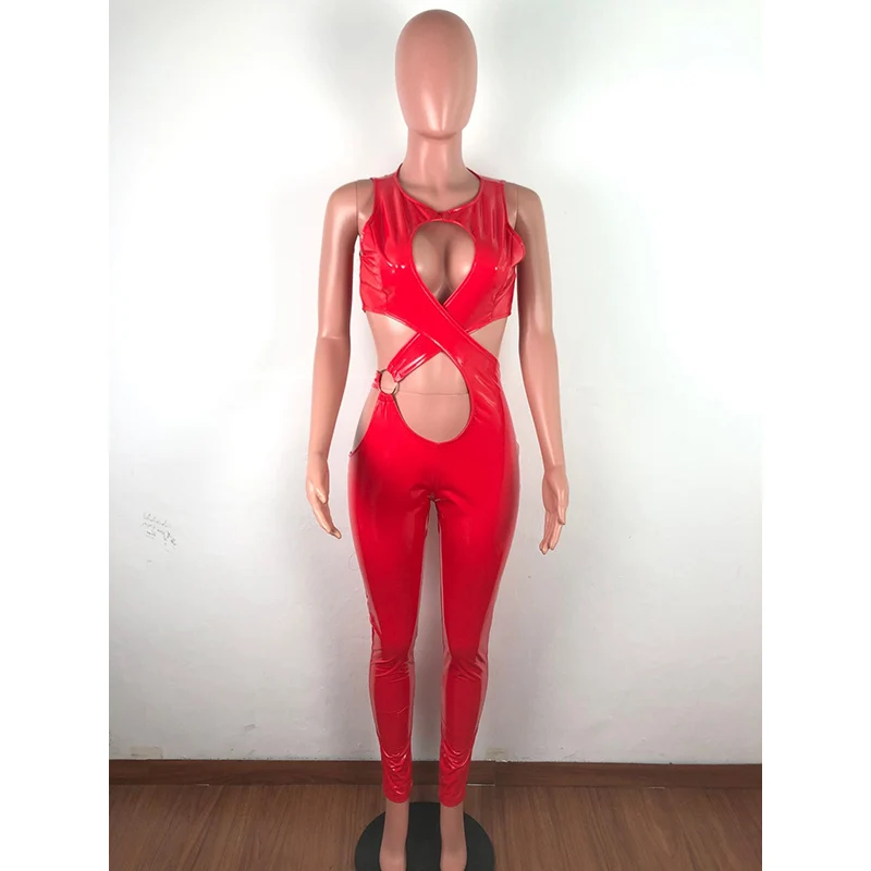 

Sexy Jumpsuit PU Leather Cross High Elasticity Bodysuit Hollow Out Rompers Womens Jumpsuit Party Night Outfits Solid 4 Color