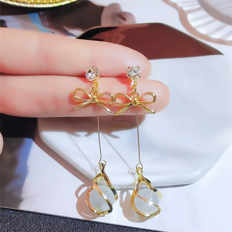 

Opal Natural Stone Pendant Earrings for Women Ladies Bowknot Long Tassel Dangle Earrings Party Wedding Earring Jewelry