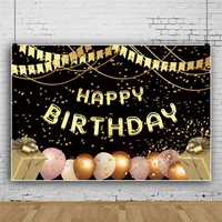 laeacco gold ribbon balloon gift box happy birthday party black backdrop photography customize poster portrait photo background