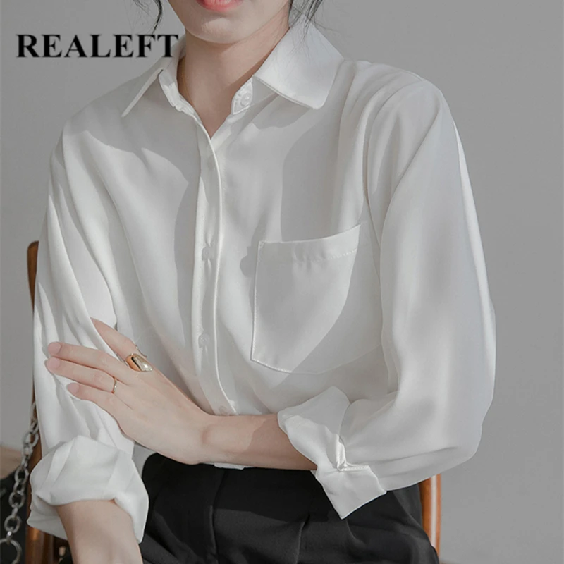 

REALEFT White Office Ladies Blouse 2021 New Spring Summer One Pocket Elegant Women's Shirts Long Sleeve Single Breasted Tops