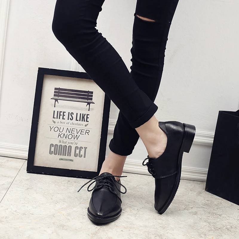 Leather Flat Shoes Women Black Brown Shoes Woman Flat Loafer British Style Lace-up Womens Flat Dress Shoes Zapatos De Vestir