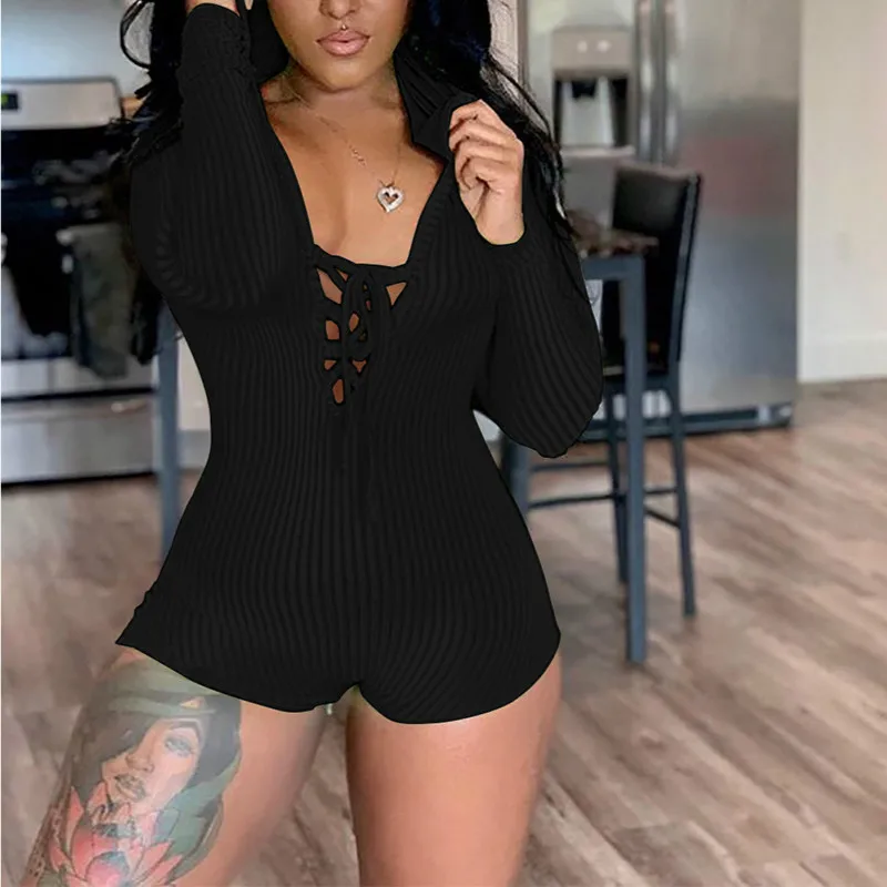 

Long Sleeve Deep V Neck Bodycon Slim Bodysuit Sexy Women Bodysuit Short Pajama Jumpsuit Lingerie Body Top Women Sleepwear G2260