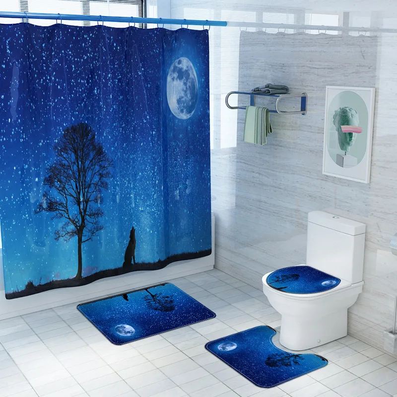 

Starry Sky Forest Wolf Bathroom Curtain Set Animals Shower Curtains Non Slip Mats Bath Toilet Seat Cover Floor Mat Pedestal Rug