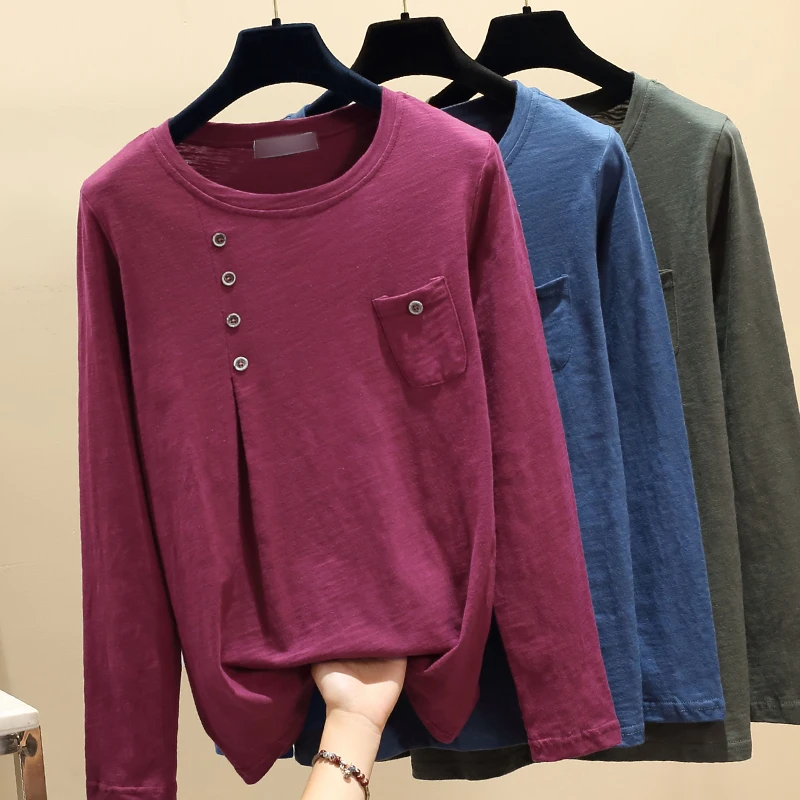 

WWENN 2021 Women Casual Button T-Shirt Fashion Korea Round Neck T shirt Cotton Long Sleeve Pocket Plus Size Tops