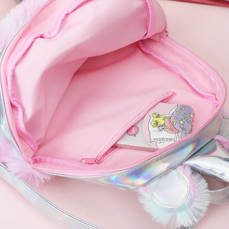 

New 3D Cartoon Kids Bag Holographic Pink Backpack for Children Plush School Bags Pu Backpack for Girls Mochila Escolar