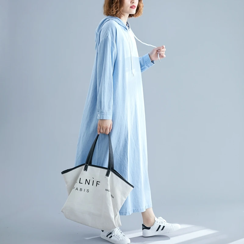 Dress Women 2019 Autumn Fashion Loose Vintage Denim Plus Size Hoodie Sweatshirt Big Ladies Cotton Robe Femme | Женская одежда