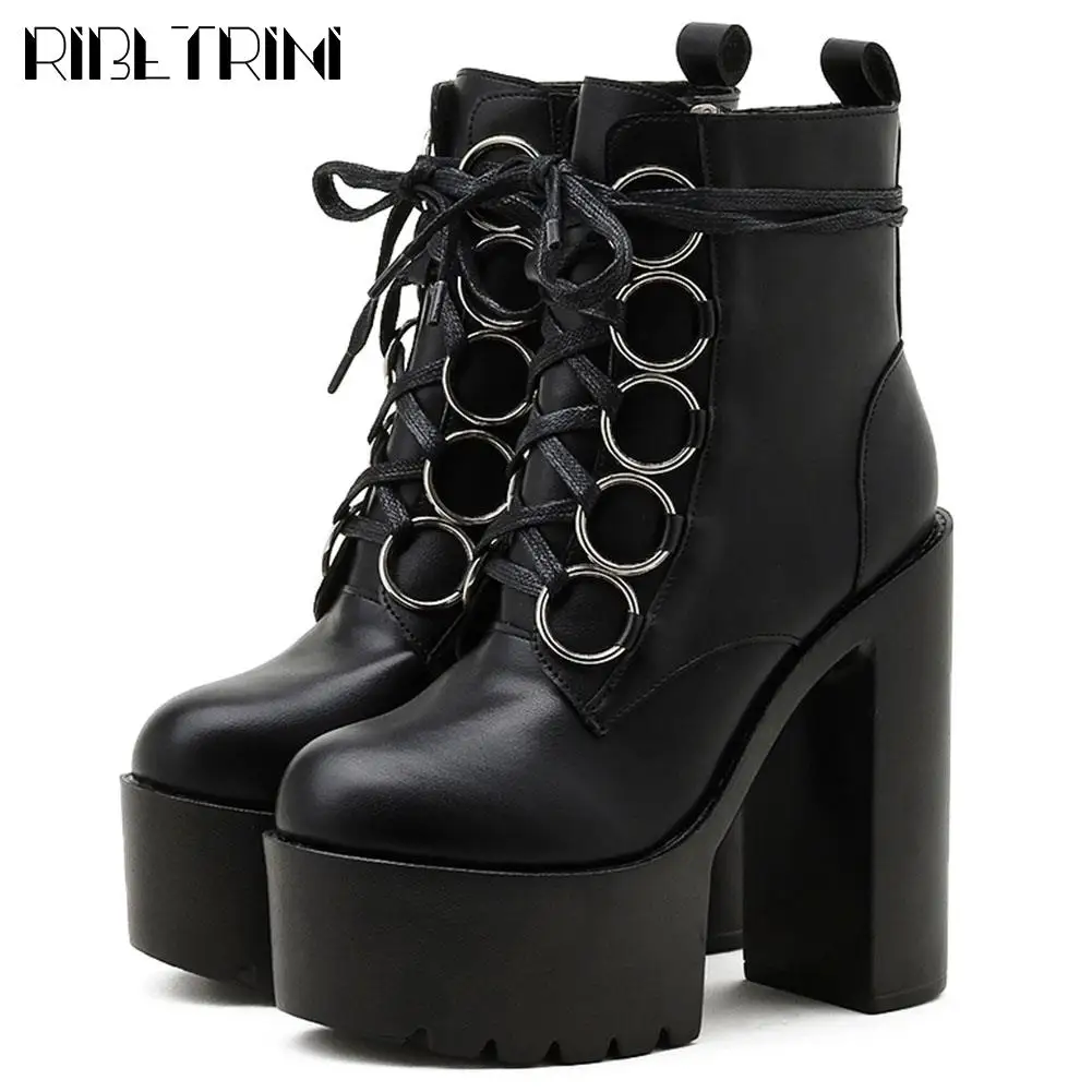 

RIBETRINI Brand Fashion Platform Block High Heels Goth Women Boots Zipper Shoeslace Punk Cool Party Wedding Dress Shoes Woman