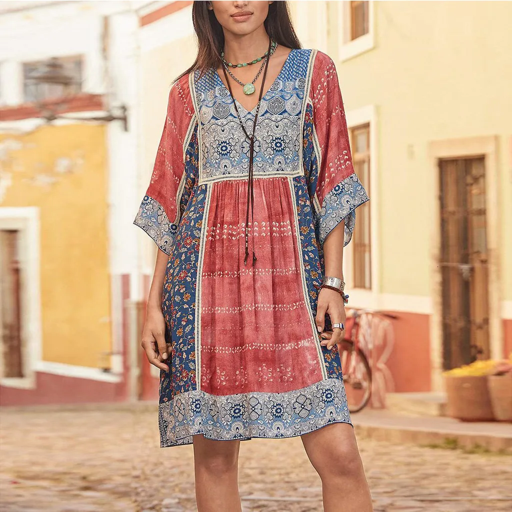 Женское богемное летнее платье большого размера свободное повседневное мини с v