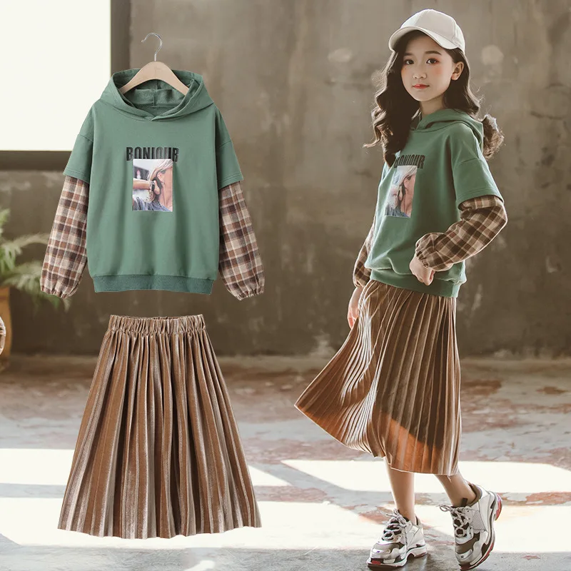 

Green 2pcs Clothes Suit Spring Summer Children Clothes Baby Girls Sweatshirts+ Pants Kids Teenagers Outwear High Quality