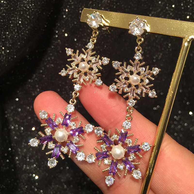 

925 silver needle Korean creative gold purple snowflake earrings long sweet temperament online celebrity luxury flower earrings