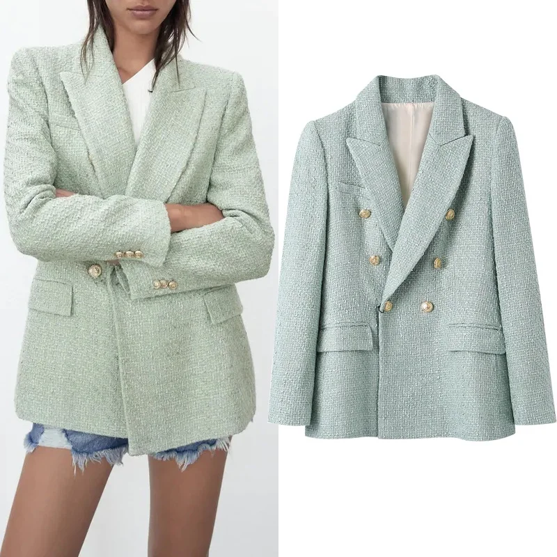 

Женский твидовый двубортный Блейзер TRAF Za, зеленый пиджак с длинным рукавом в винтажном стиле, костюм для осени, 2021