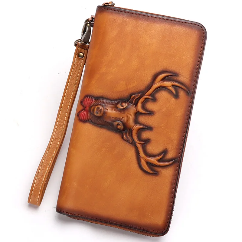 Brush Color Classic 100% Genuine Leather Natural Women Long Wallet Coin Purse Vintage Designer Female Zipper Wallets |