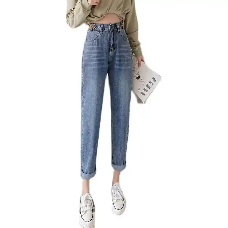 

ICCLEK Spring new elastic waist straight-leg jeans female nine-point old pant