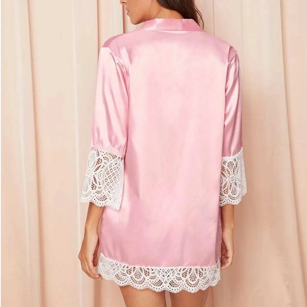 New Women Lace Silk Robe Nightdress Long Sleeve Satin V-neck Pink Pajamas Sleepwear With Belt Bathrobe For Female S-3XL | Женская одежда