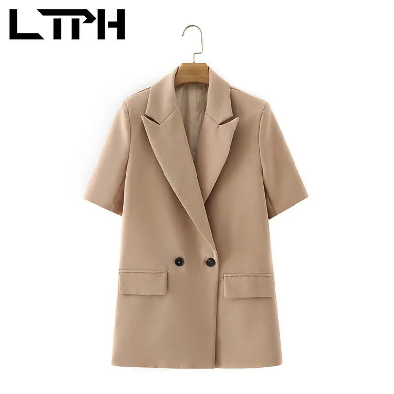 LTPH-Chaqueta de manga corta de estilo minimalista para mujer, blazer informal de longitud media, chaqueta con bolsillos, abrigo de traje para mujer, primavera 2021