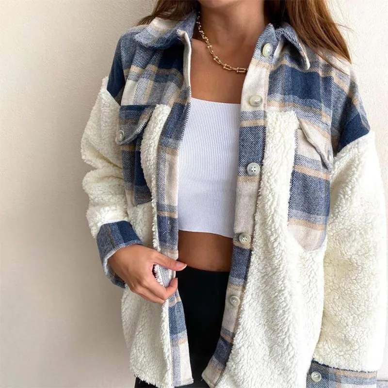 

2021 Winter Coats And Jackets Women Vintage Plaid Turndown Collar Long Sleeve Overcoat Warm Fleece Female Oversized Outerwear