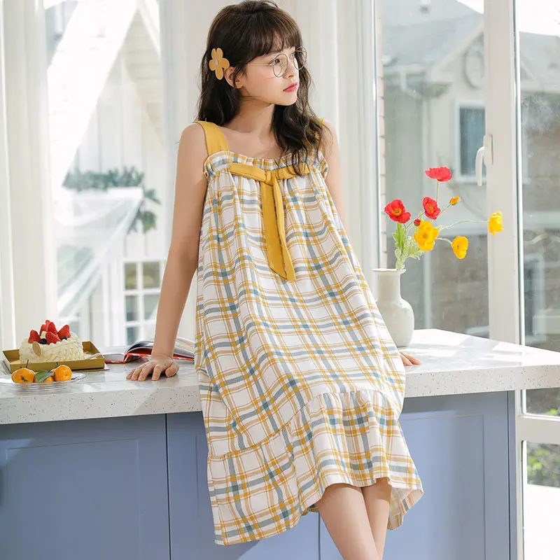 Night Skirt Summer New Style Suspenders Cotton Plaid Cartoon Cute Korean Sweet Ins Sleeveless Home Service Women Night Gown
