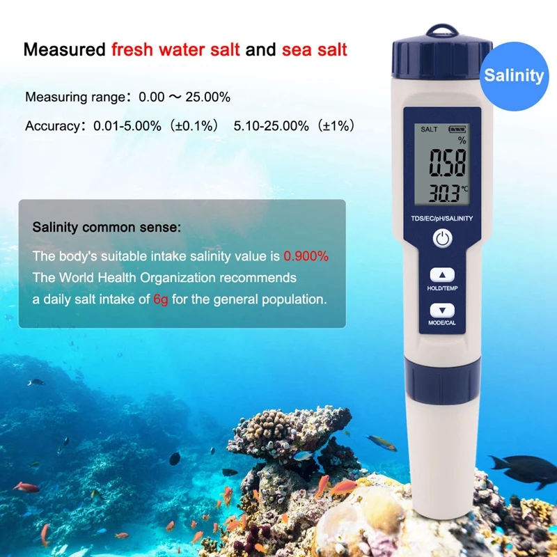 

Professional Digital Water Tester 5 In 1 PH/TDS/EC/Salinity/Temperature Tester Pen Waterproof Multi-Function Meter