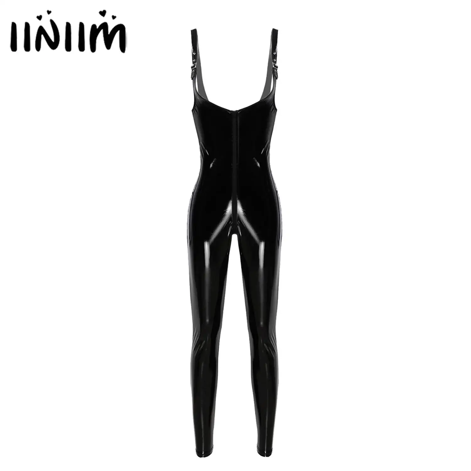 

Womens Fashion Pole Dancing Costumes Shiny Metallic Patent Leather Latex Front Zippered Long Legging Leotard Bodysuit Clubwear