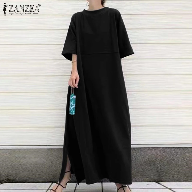 

ZANZEA Summer Sundress Women O neck Half Sleeve Solid Casual Long Vestidos Kaftan Robe Femme Split Hem Work OL Maxi Dress 2021