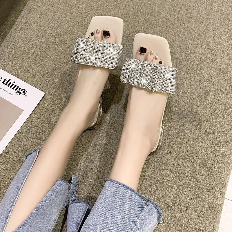 

Square heel Glitter Slides Low Slippers Casual Shoes Slipers Women Block Jelly Luxury Soft 2021 Summer Bling Rubber Hoof Heels P