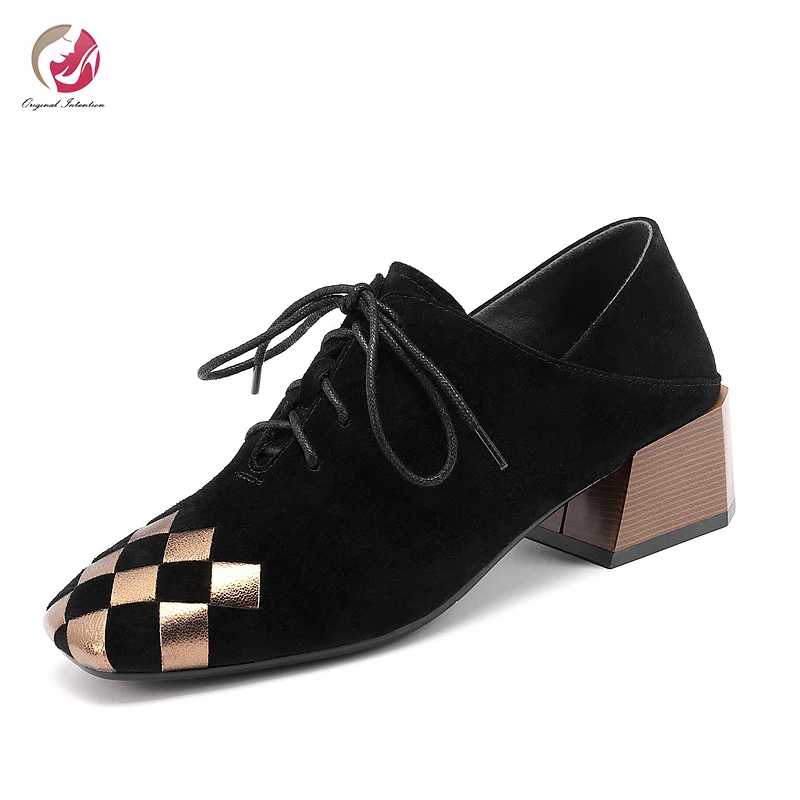 Jual Niat Asli Sepatu Ujung Persegi Tumit Persegi Sepatu Wanita Warna Campur Hitam Emas Grid Sepatu Modis Wanita Sepatu Kantor Dewasa