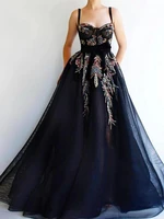 black muslim evening dresses a linespaghetti straptulle embroidery dubai saudi arabic long formal evening gown prom