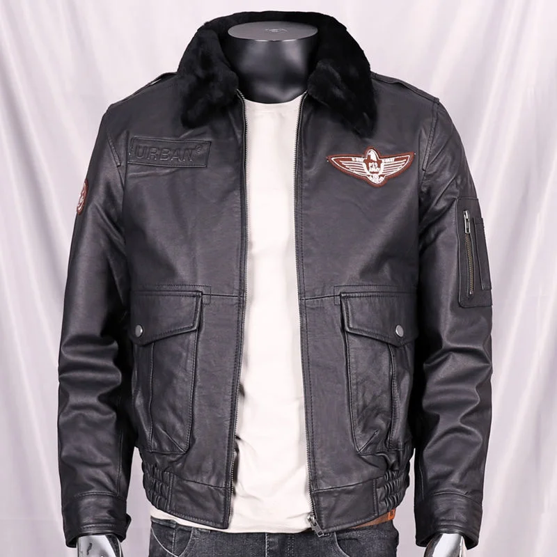 

Layer First Cowhide Men's Short Flight Suit Genuine Leather Coat Autumn And Winter Wool Lapel Youth Leather Jacket Men