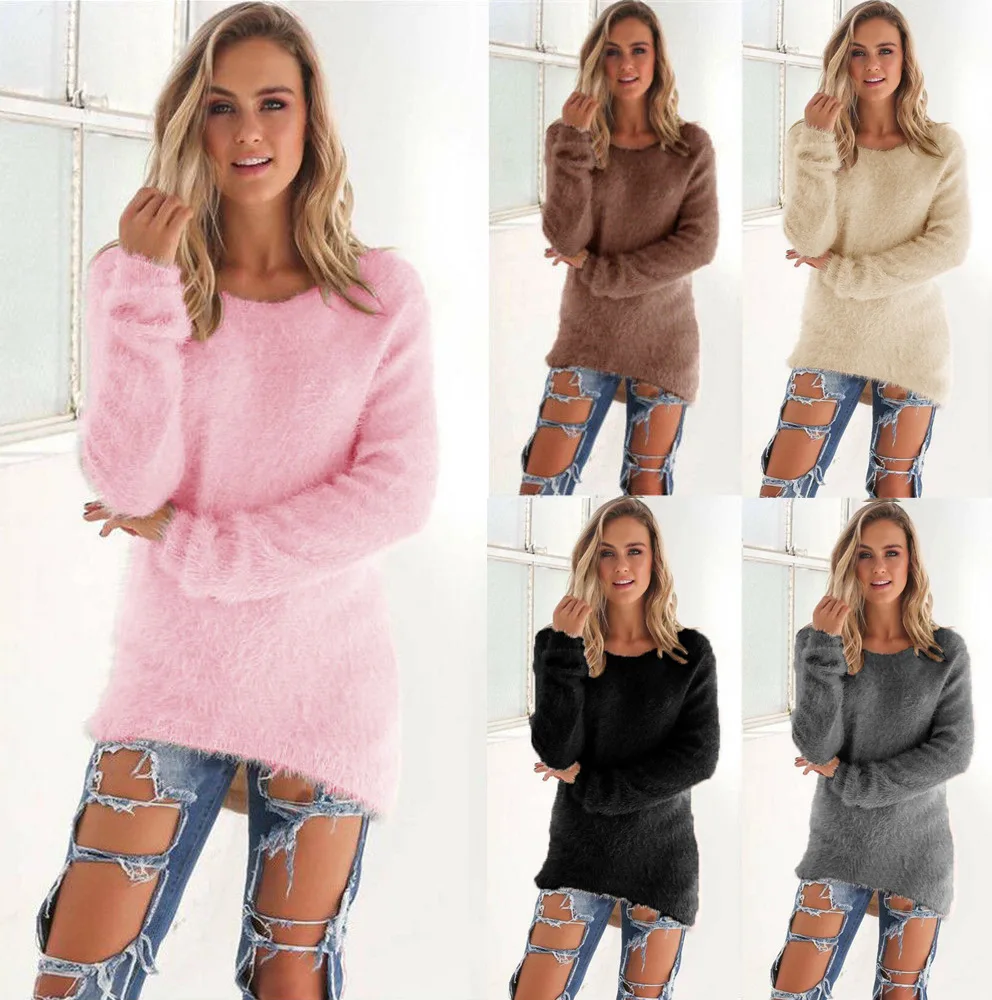 

Spring Autumn Women's O-Neck Fluffy Thin Sweater Female Hedging Loose Pullover Casual Solid Sweaters Wholesale Drop Shipping