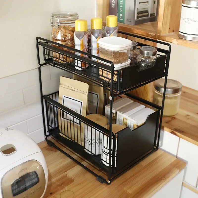 double shelf under the kitchen sink storage rack drawer type can be pushed and pulled under the cabinet telescopic free global shipping