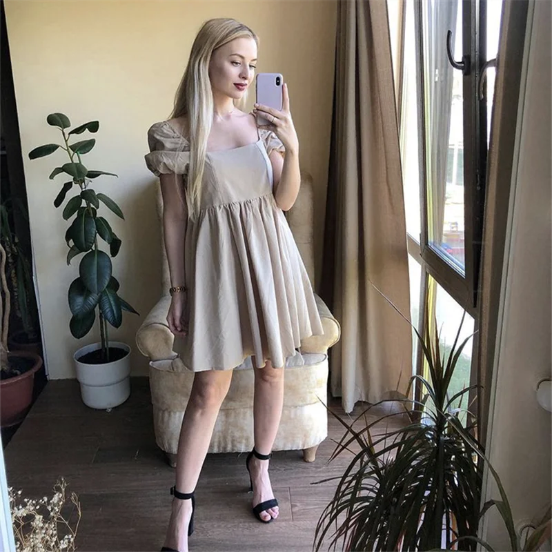 

Милое льняное мини-платье MOARCHO с пышными рукавами, женское однотонное платье-трапеция с квадратным вырезом и высокой талией, новинка 2021, лет...